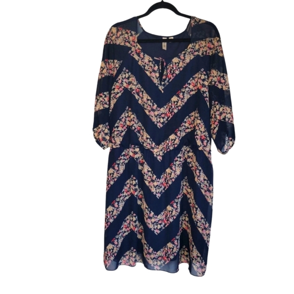 2X TACERA Navy Blue Floral Chevron Lined Dress Cuffed Sheer Sleeves